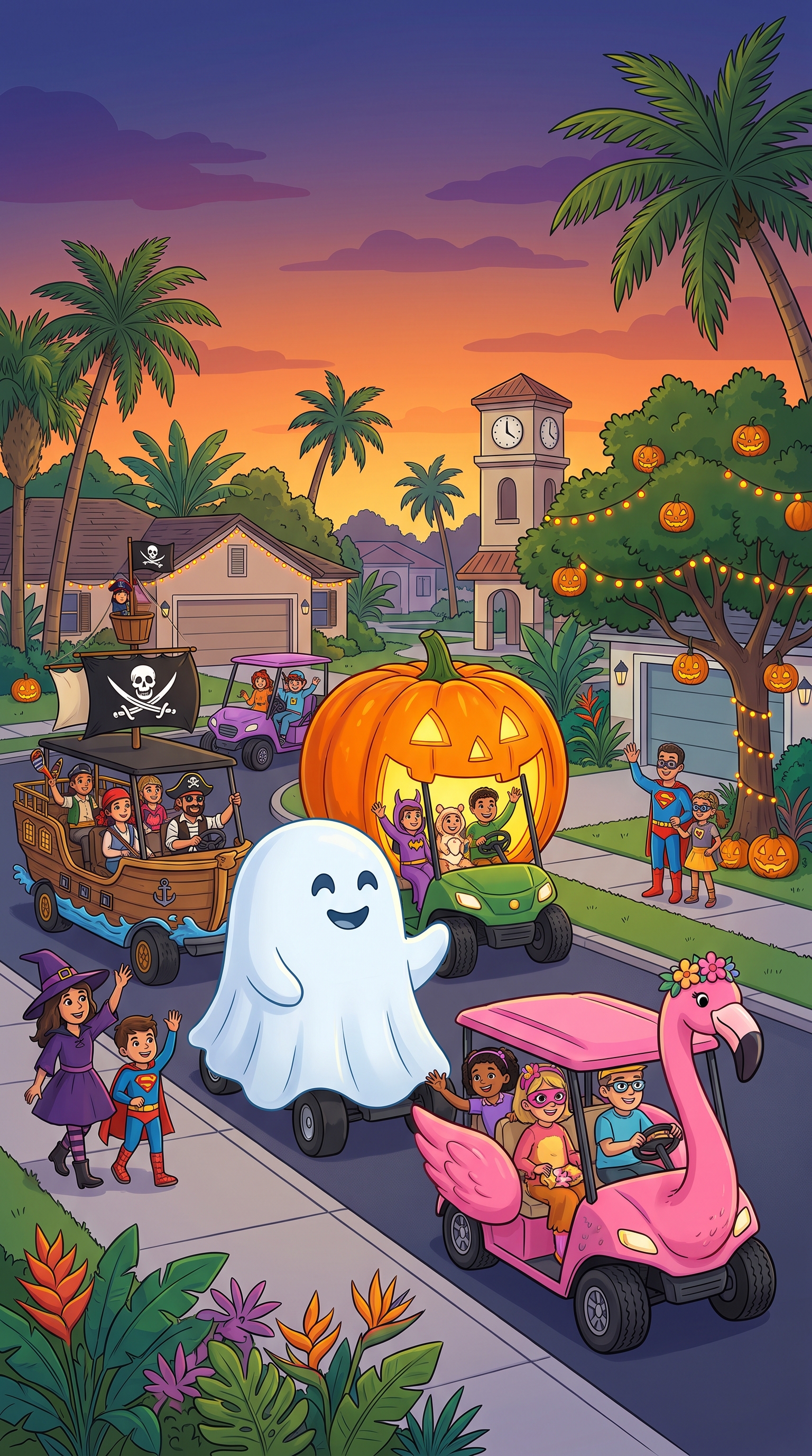 AI illustration of a Halloween golf cart parade on a palm-lined PSL street