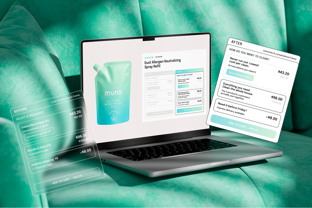 Side-by-side comparison of Muna spray refill product page — BEFORE: cost & commitment frame asking customers to pick a frequency and bundle. AFTER: outcome & convenience frame asking customers what they want to clean and how often.