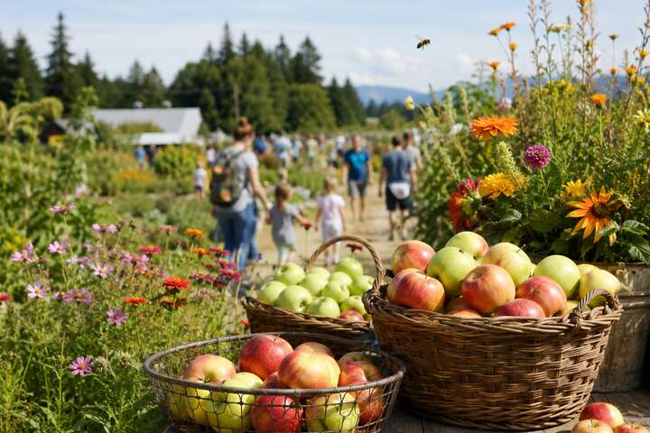 Apple baskets and late-summer flowers at Petal Paradise in Tsawwassen, Delta BC
