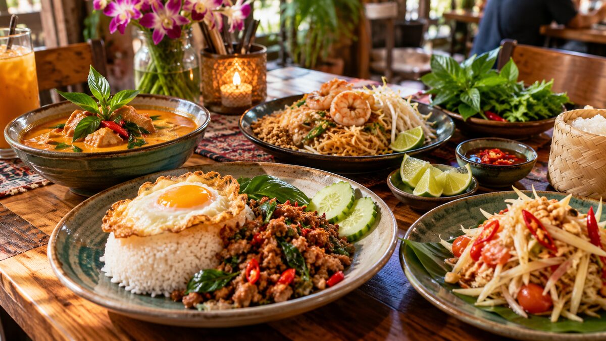 Photorealistic editorial illustration of Thai street-food dishes in Ladner, Delta BC