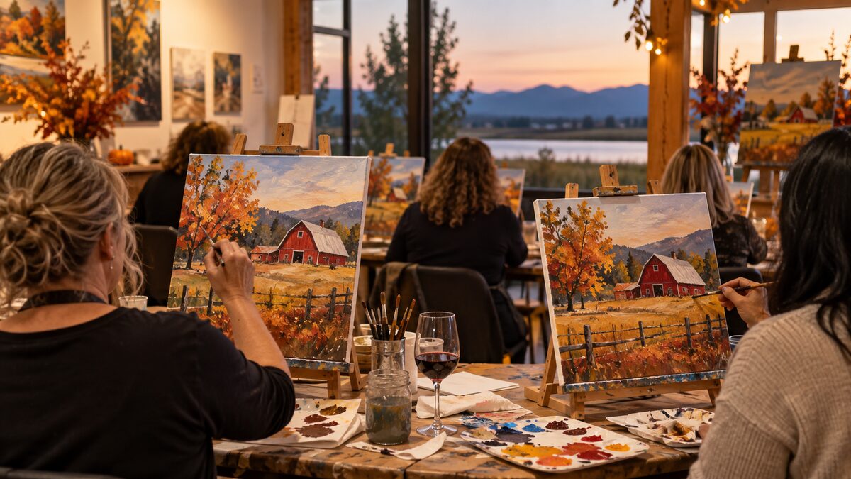 Photorealistic editorial illustration of an adult red-barn painting workshop in Delta BC
