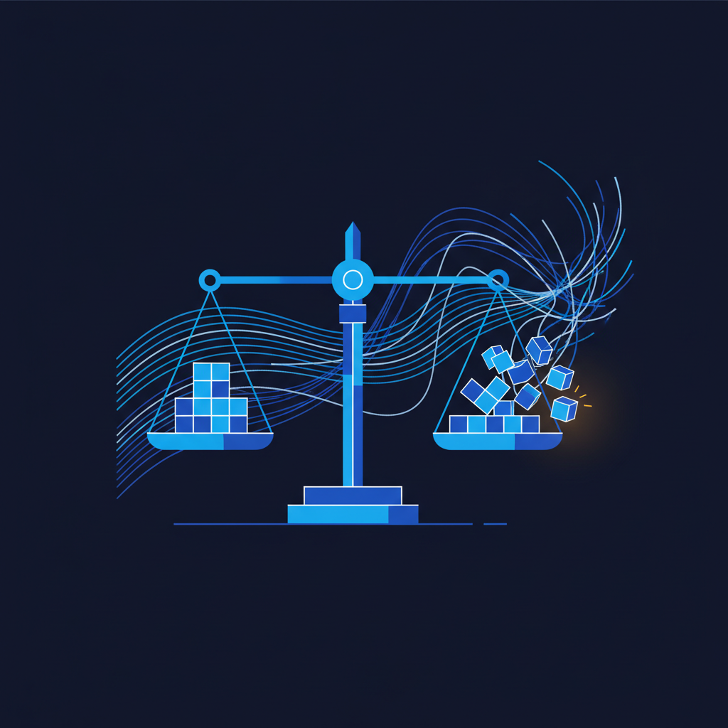 Abstract illustration of a tipping balance — automation reaching its threshold