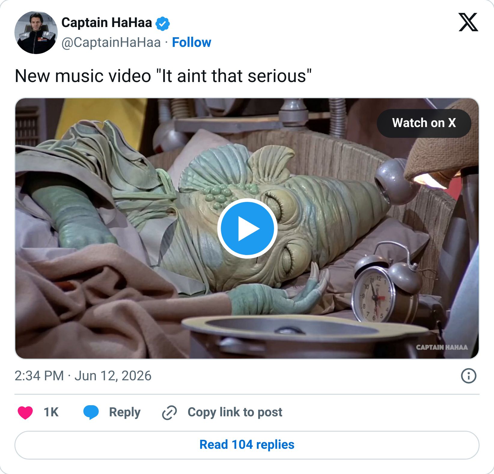Captain HaHa tweet showing 1970s-style AI video