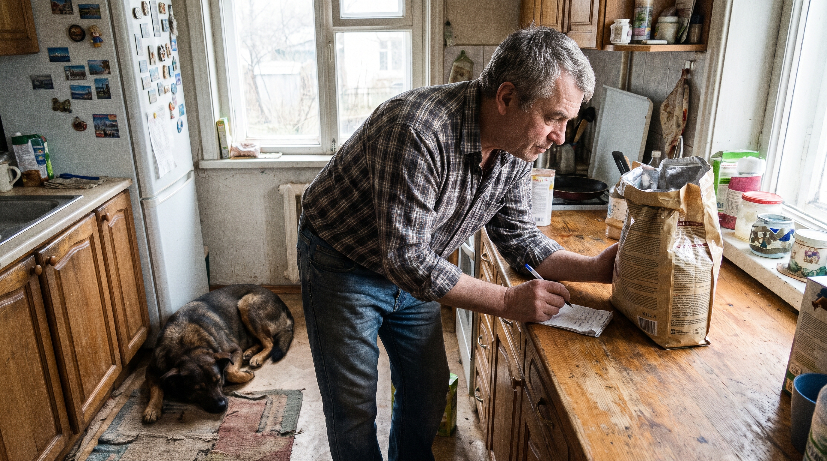 Illustrative household task: a middle aged man checking a pet food bag and making a short grocery note while a healthy adult dog rests nearby, real modest home.