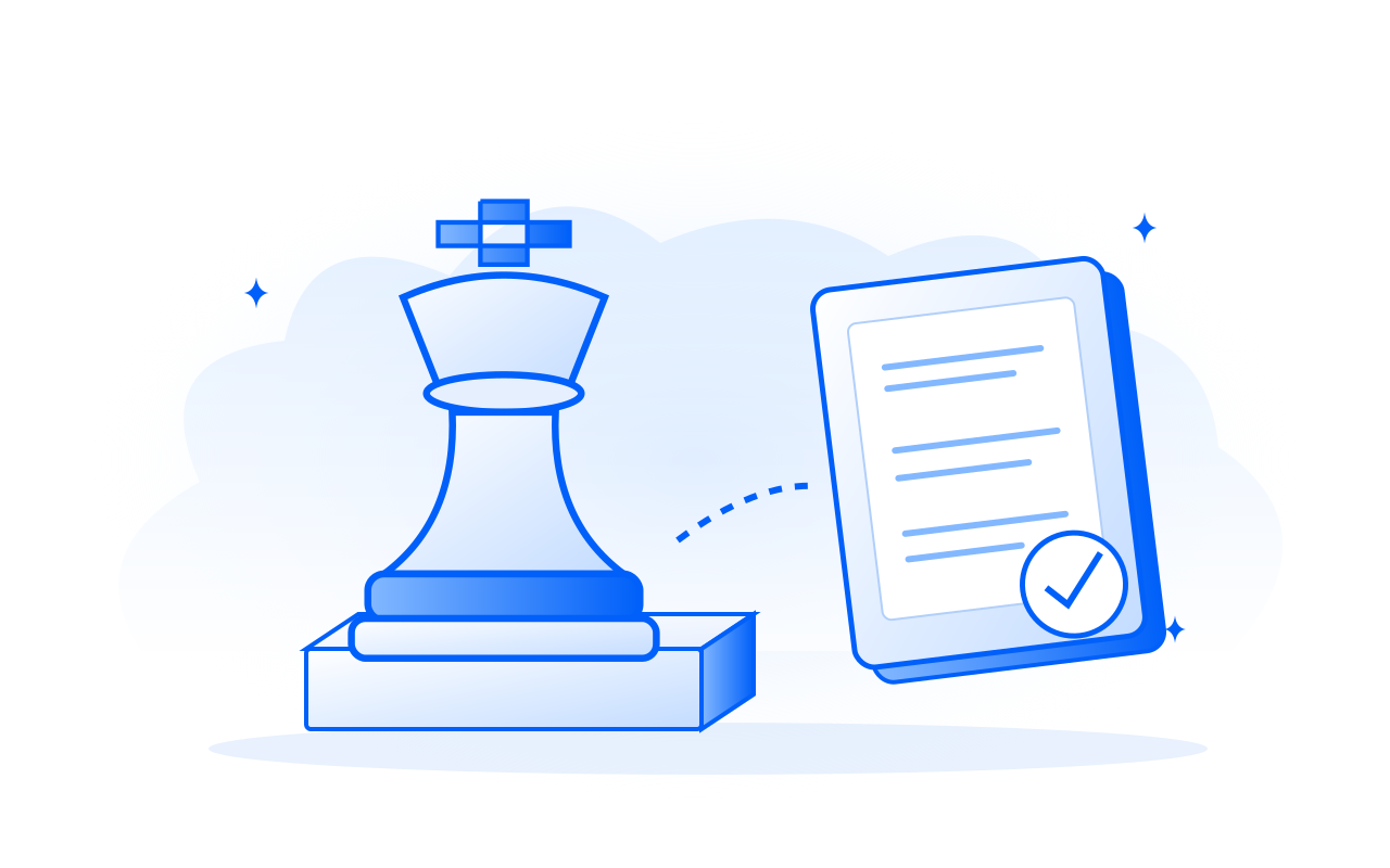 A chess king beside a filing document: a metaphor for researching the transition.