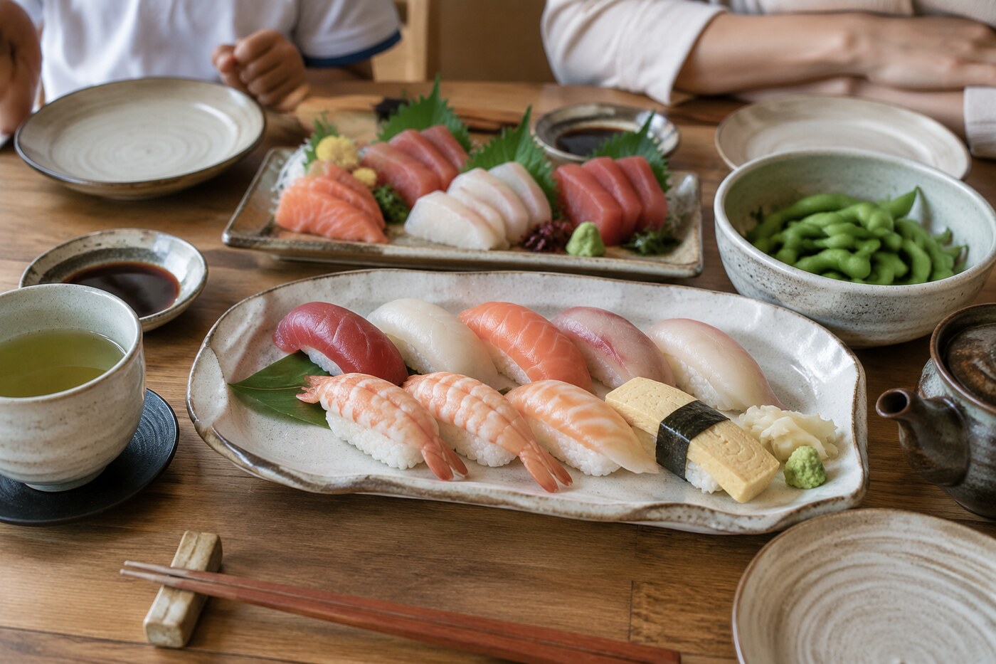 Fresh sushi rolls and sashimi arranged on a dark ceramic platter