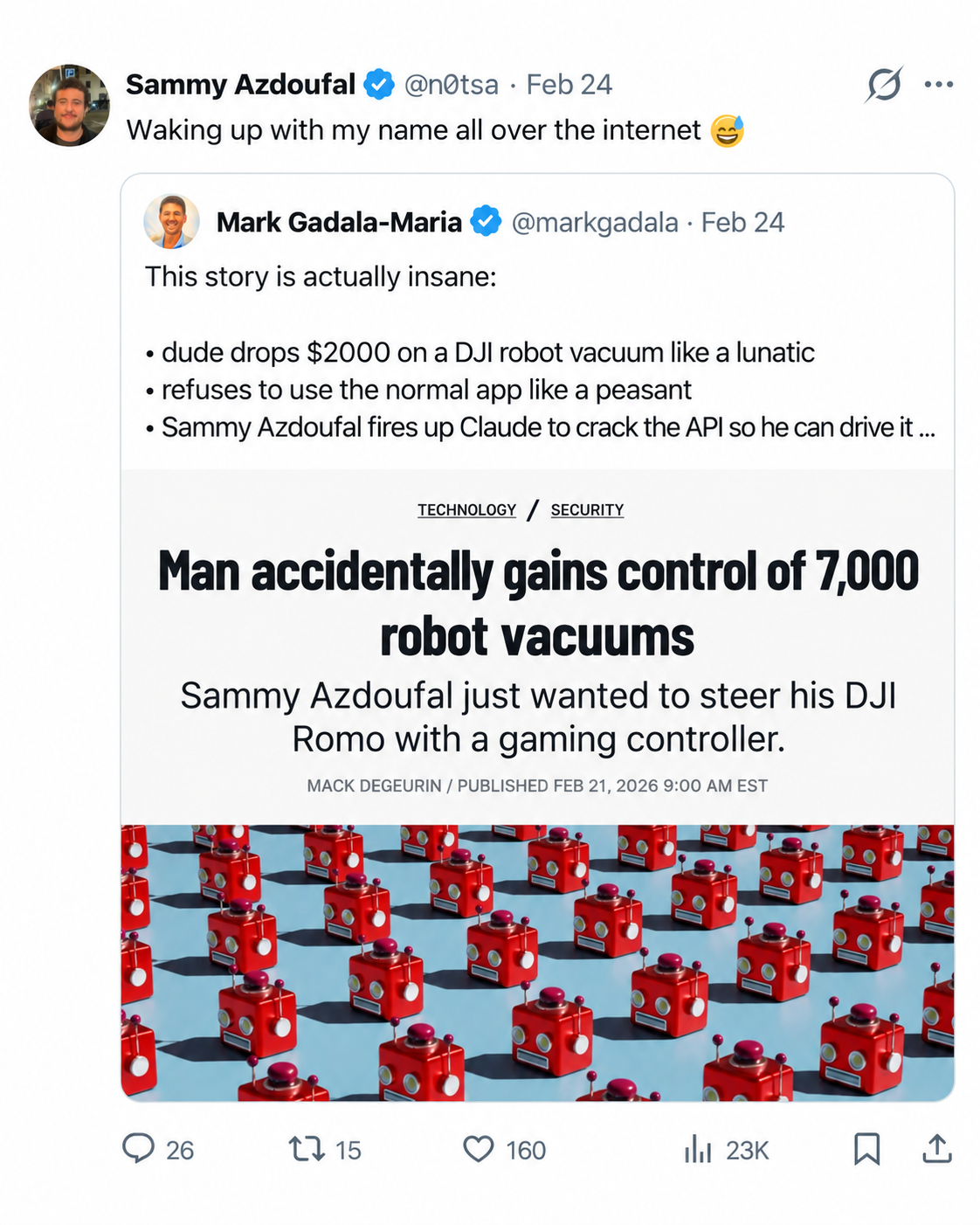 A viral post about Sammy Azdoufal's robot vacuum discovery