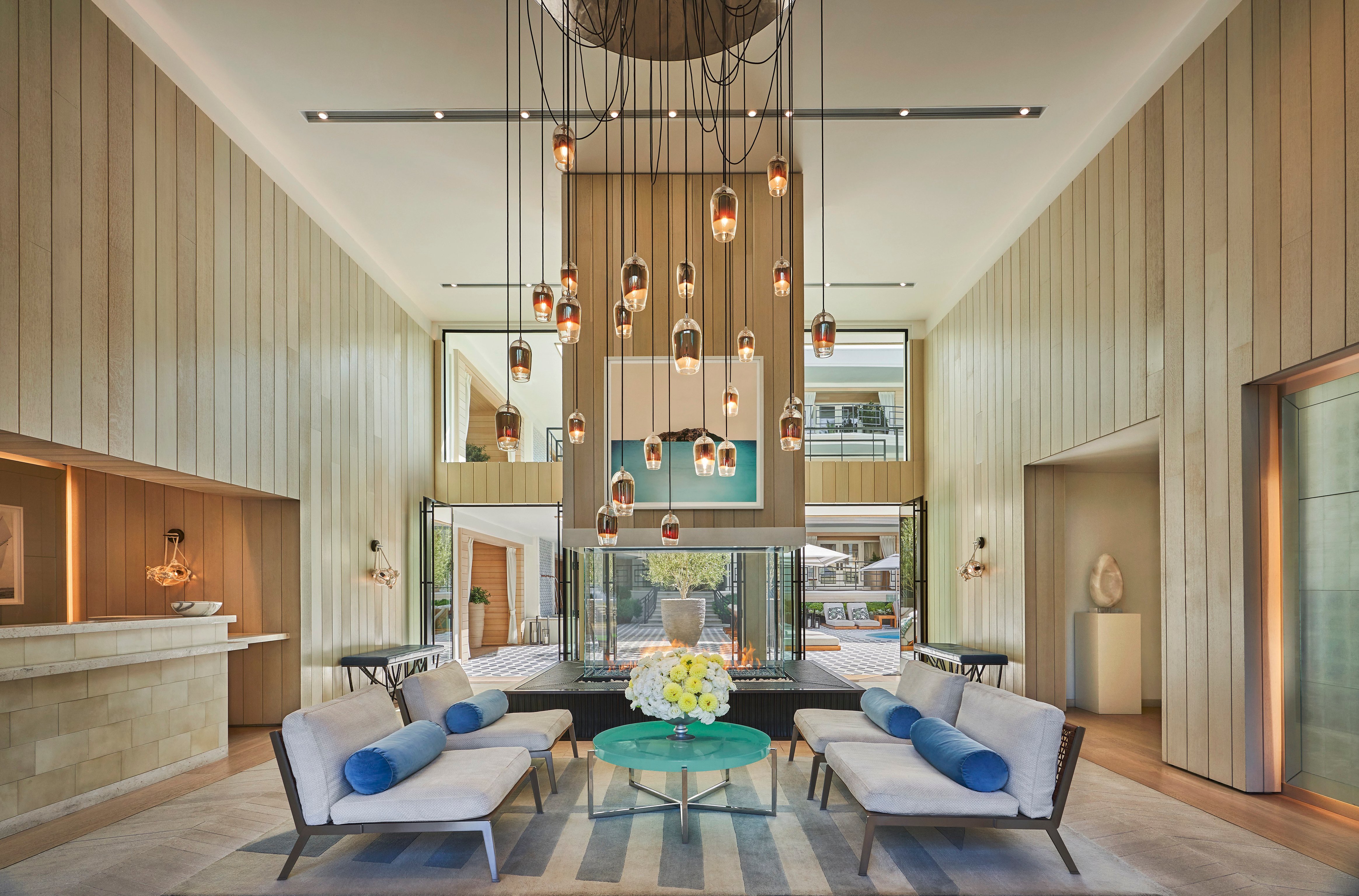 Oceana lobby with modern seating and suspended lights