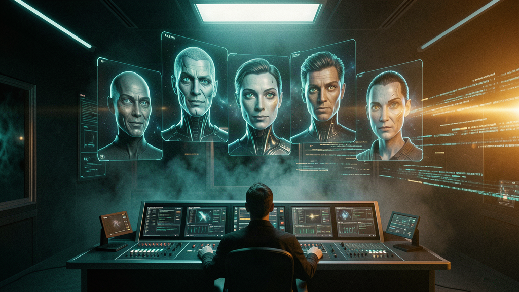 AI film studio control room with holographic character portraits