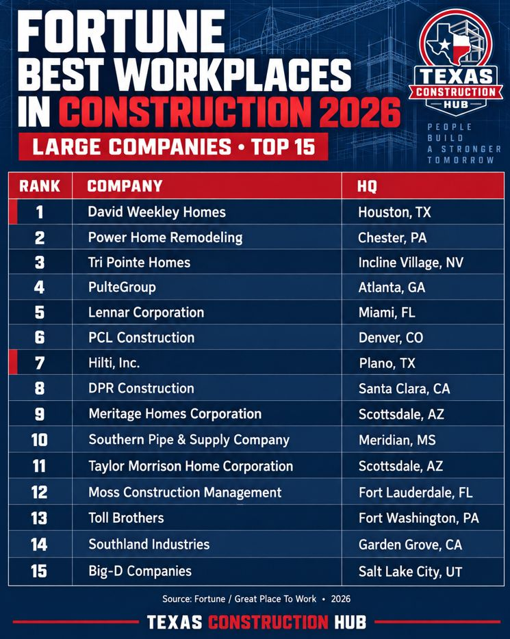Fortune Best Workplaces in Construction 2026 — large companies, top 15