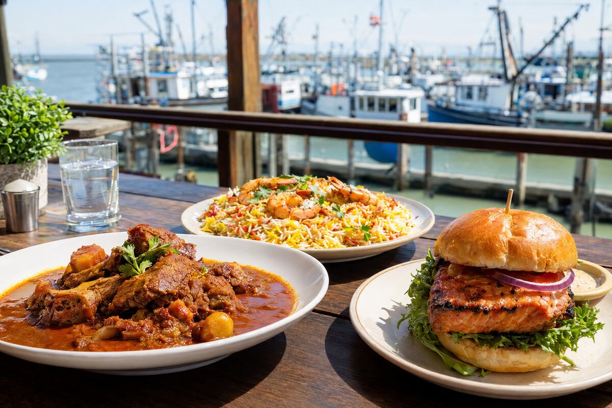 Persian and West Coast dishes served on a sunny Steveston waterfront patio