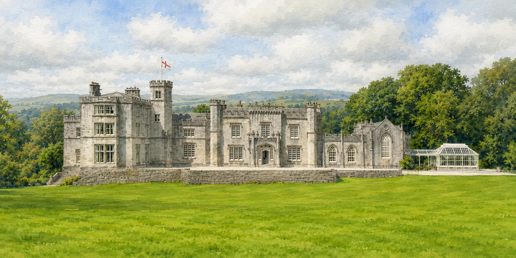 Watercolour illustration of Leighton Hall, Issue 10
