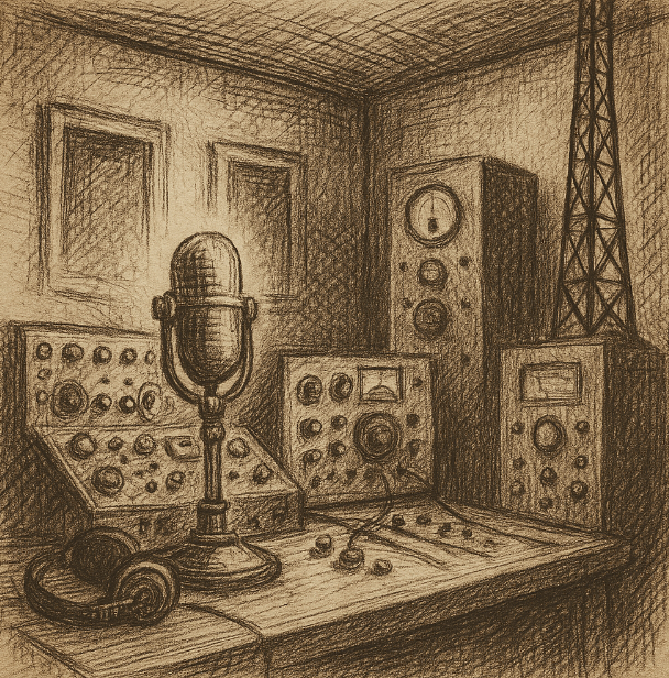 Sepia-toned ink drawing of an early 20th-century radio broadcasting room with microphones, dials, and tall antenna equipment, cross-hatched on aged paper