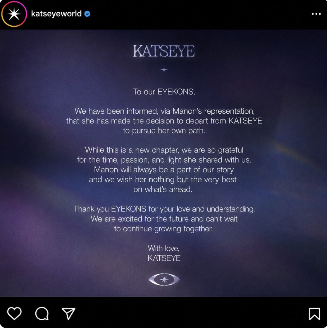 A fake KATSEYE breakup statement with the AI's own Made With AI confession sitting right at the bottom