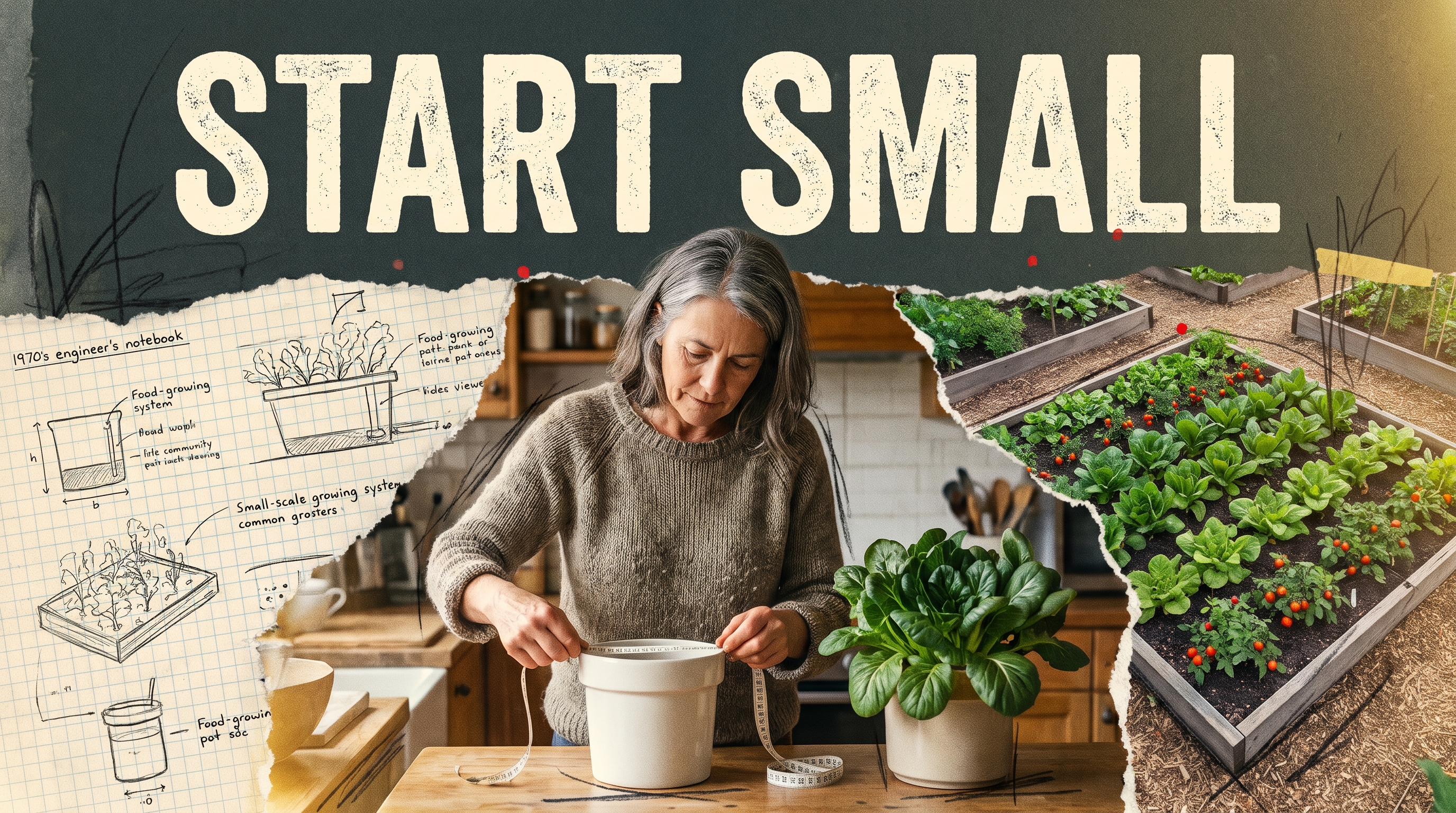 Illustrative documentary collage: START SMALL