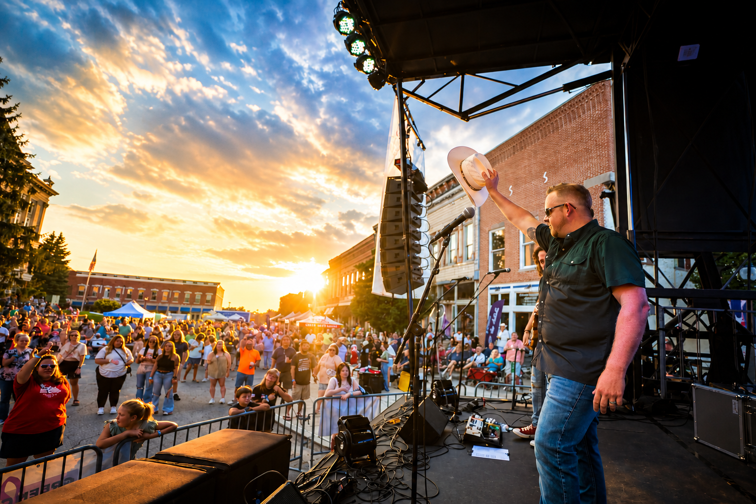 Tailgate Revival frontman tipping his hat to a street festival crowd at sunset