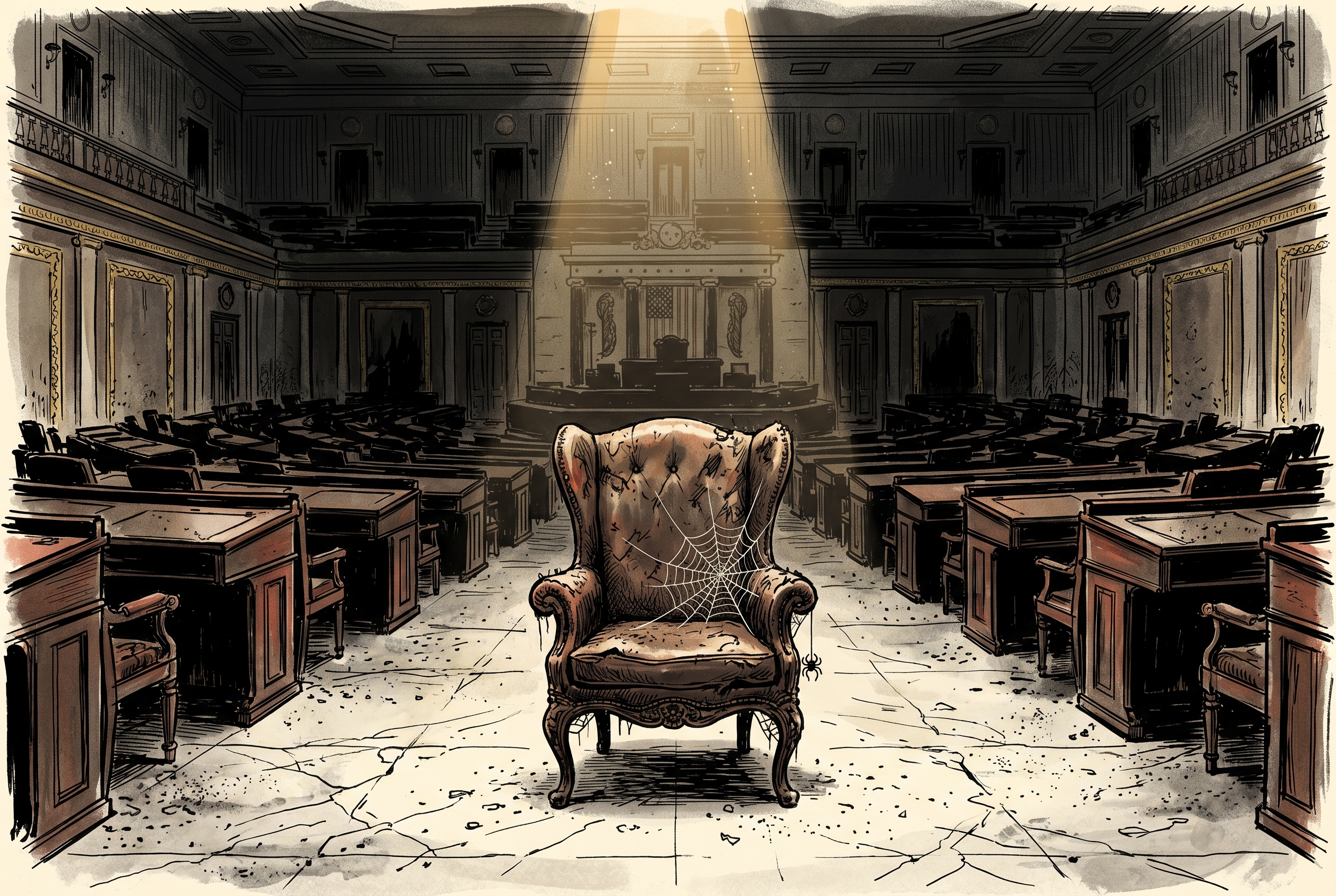 An empty leather wing-back chair sits dead-center in the U.S. House chamber, a spider web across one armrest, dust motes catching a single shaft of overhead light.