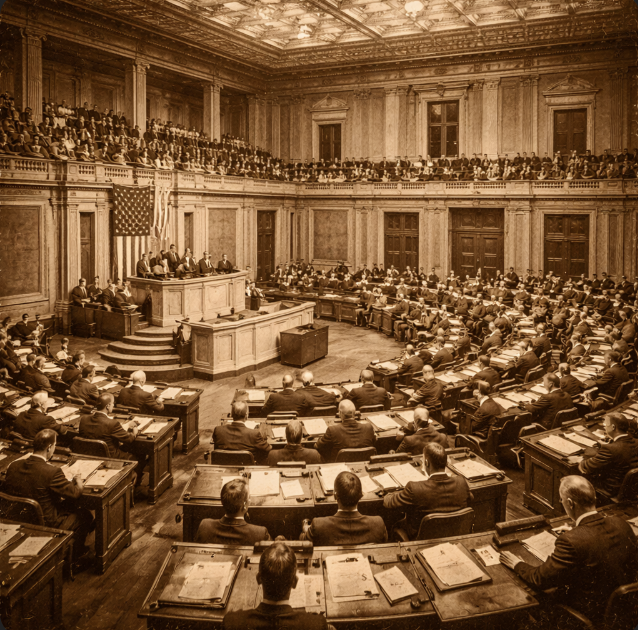 19th-century legislative chamber interior with desks and galleries