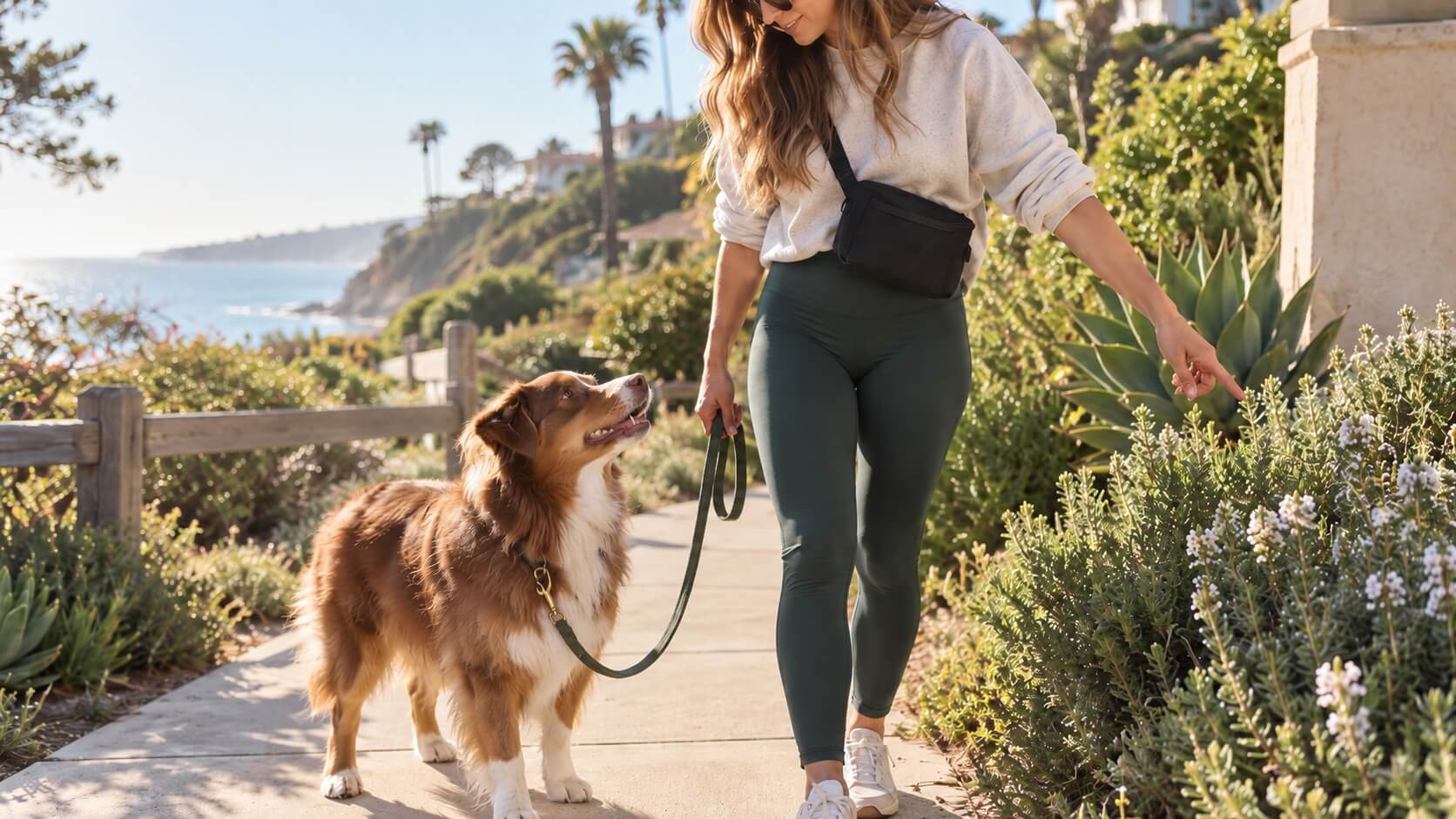 Dog checking in with owner during a coastal walk before being released to sniff