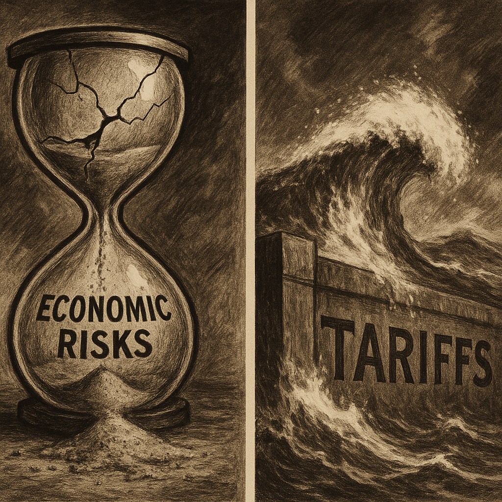 A split image showing a cracked hourglass with sand spilling out representing economic risks, alongside a stormy ocean wave crashing against a tariff barrier wall, in a dramatic and foreboding atmosphere.
