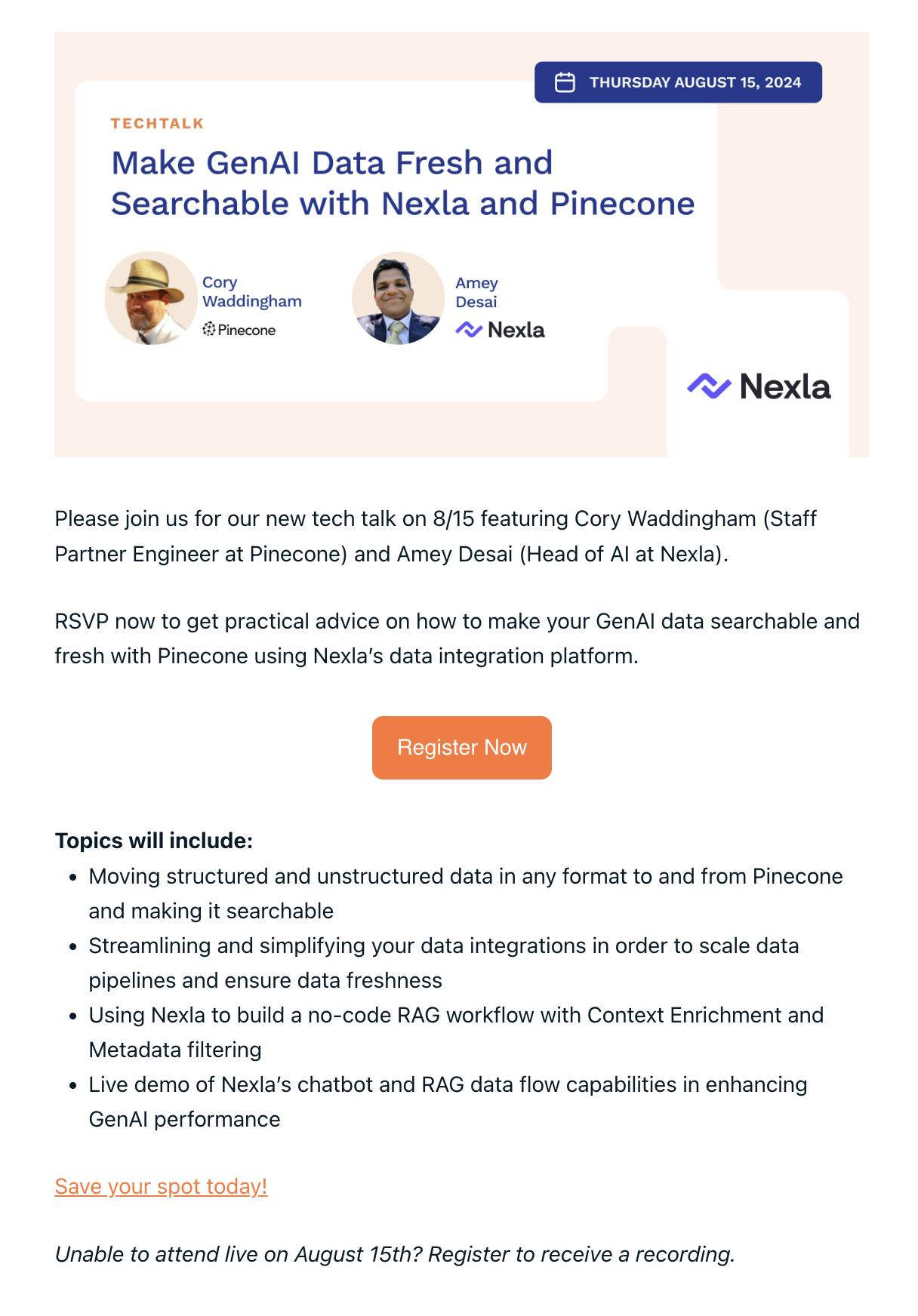 Webinar with Pinecone: Keep GenAI Data Fresh & Easily Searchable