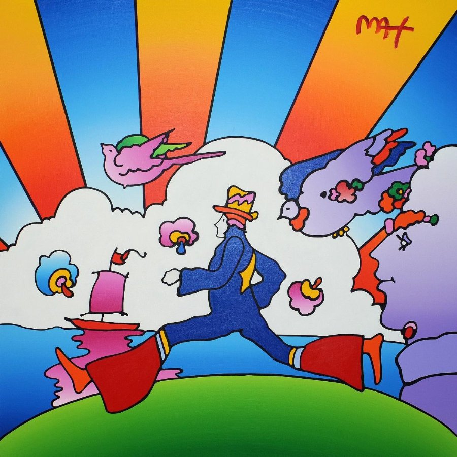 Painting of a man in a blue suit and tall yellow hat striding over a green hill, with pink and purple birds, white clouds, a sailboat and orange and blue rays