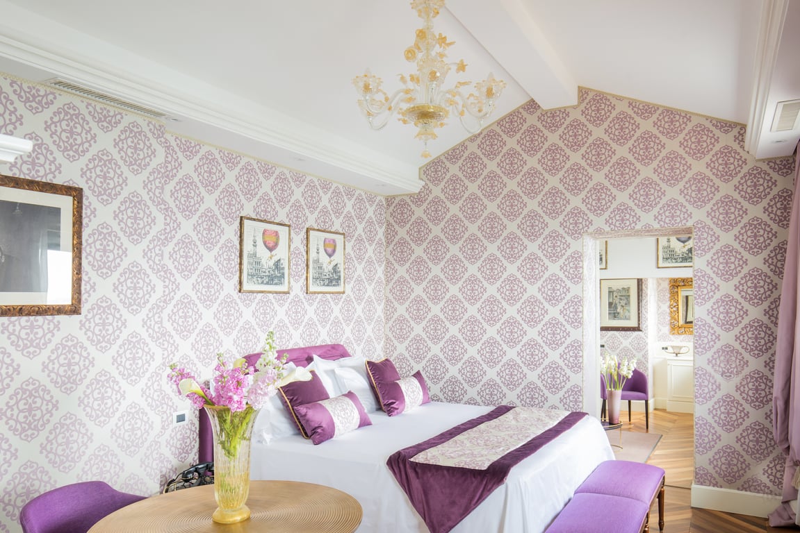 Lavender-accented guest room at Londra Palace
