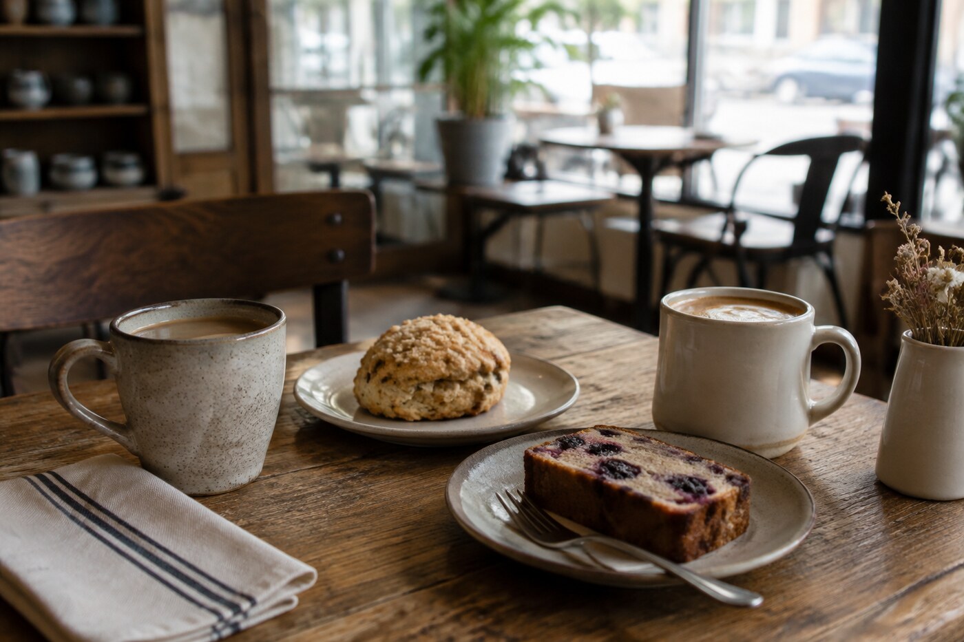 Cappuccino and a berry pastry served at a bright neighbourhood coffee shop