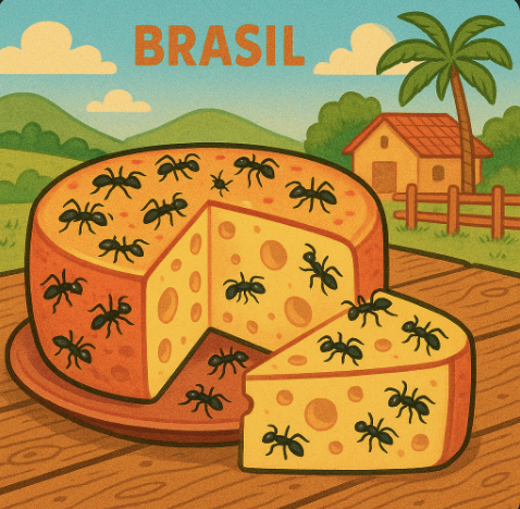 A wheel of cheese embedded with ants on a rustic Brazilian farm table