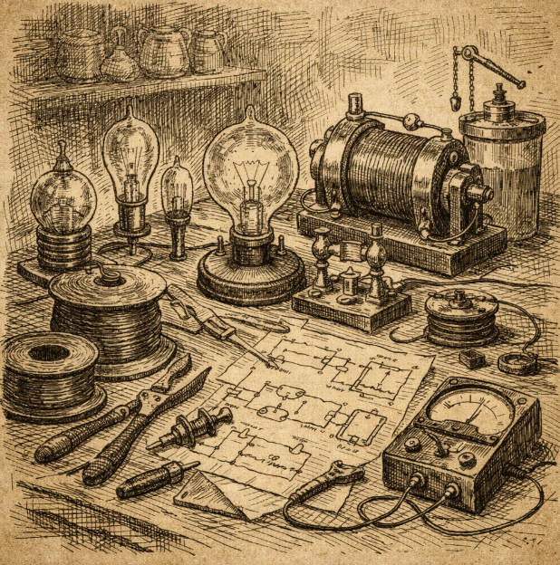 Vintage inventor's workshop table with glass bulbs, coils, wires, and early electrical apparatus, no people or text