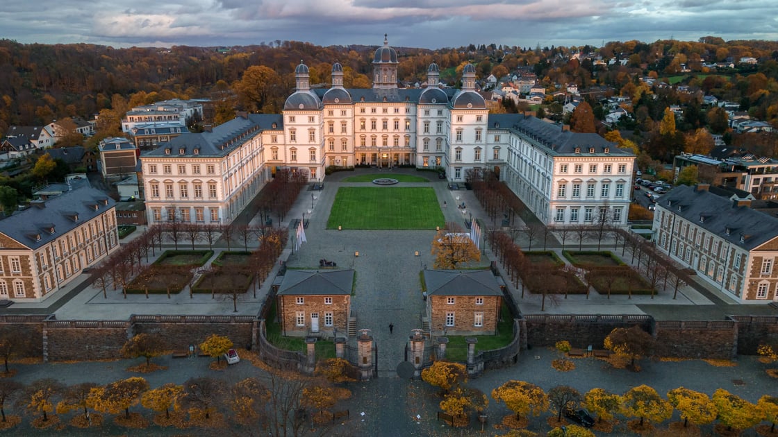 Aerial view of Schloss Bensberg and its formal courtyard