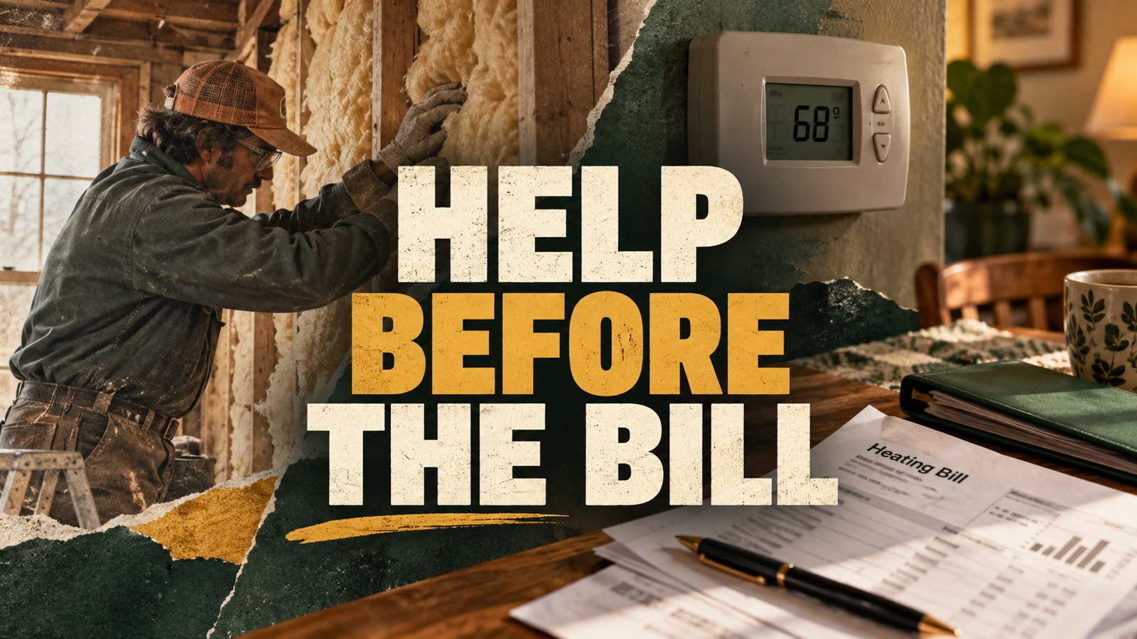 Illustrative documentary collage: HELP BEFORE THE BILL