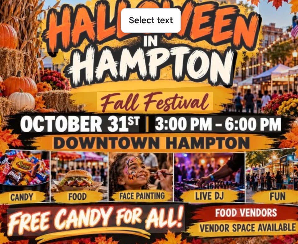 Halloween in Hampton Fall Festival, Saturday, October 31, 3 to 6PM, downtown Hampton