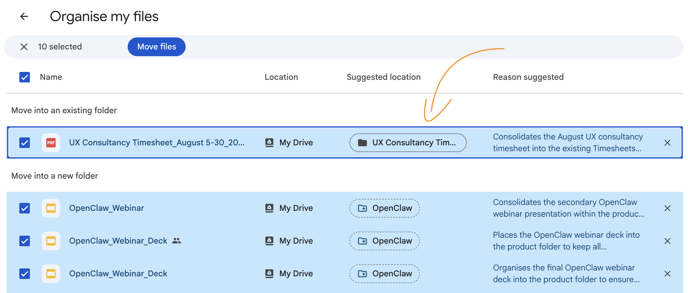 The Organize My Files suggestions list