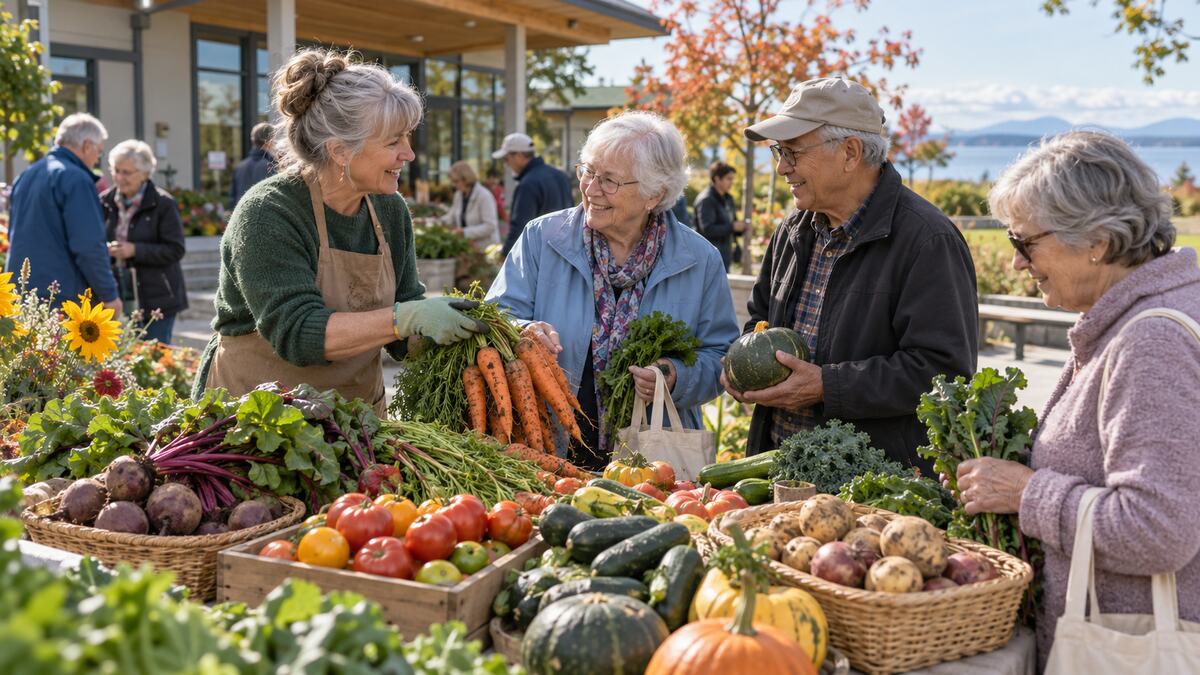Neighbours shopping for seasonal vegetables at a community pop-up market in Tsawwassen