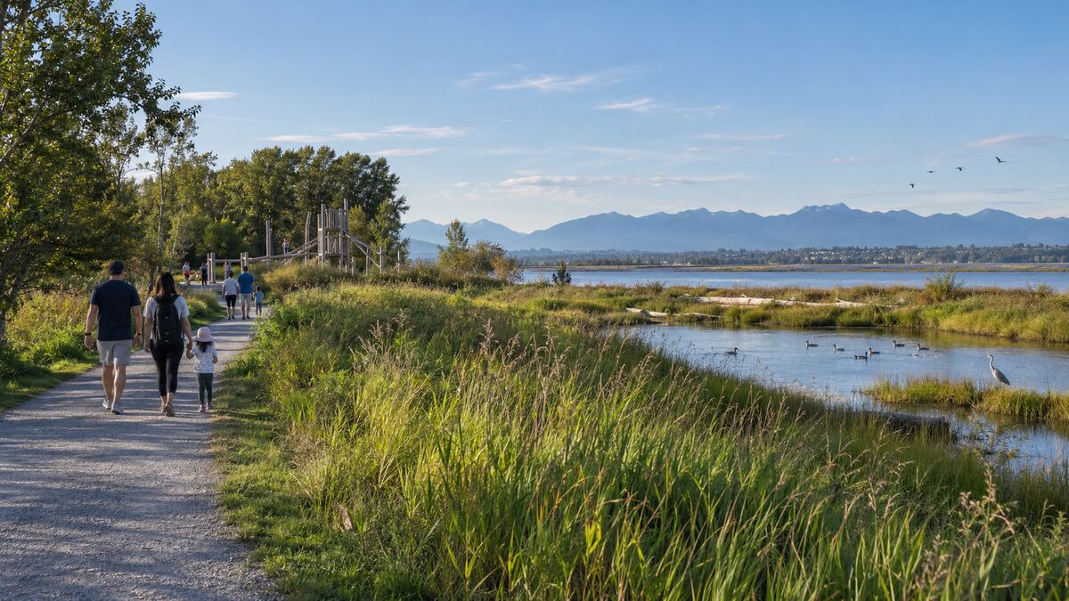 Boardwalk through wetlands and forest at Delta Nature Reserve beside Burns Bog in North Delta BC