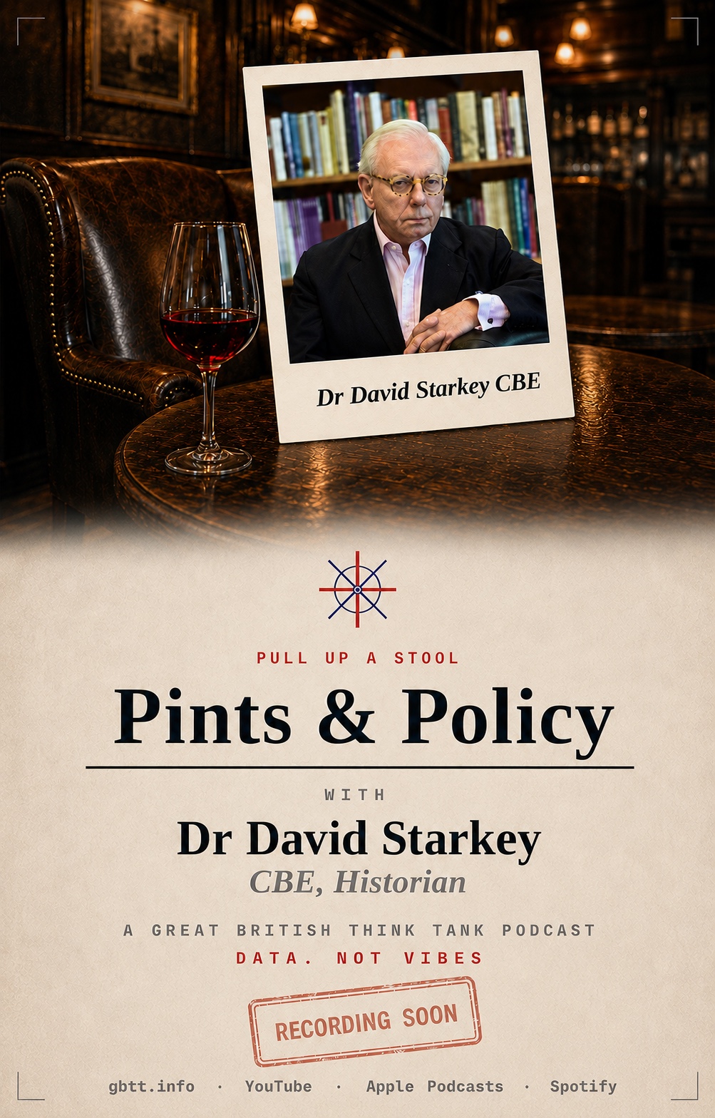 Pints and Policy podcast promo: Dr David Starkey CBE, recording soon