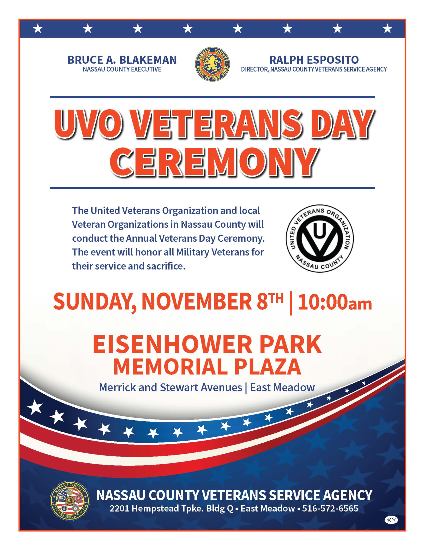 Nassau County’s official 2026 UVO Veterans Day Ceremony flyer.