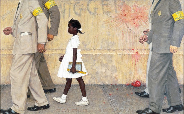 Painting of a young girl in a white dress walking between four men in suits wearing yellow armbands, past a wall with a splattered tomato and graffiti
