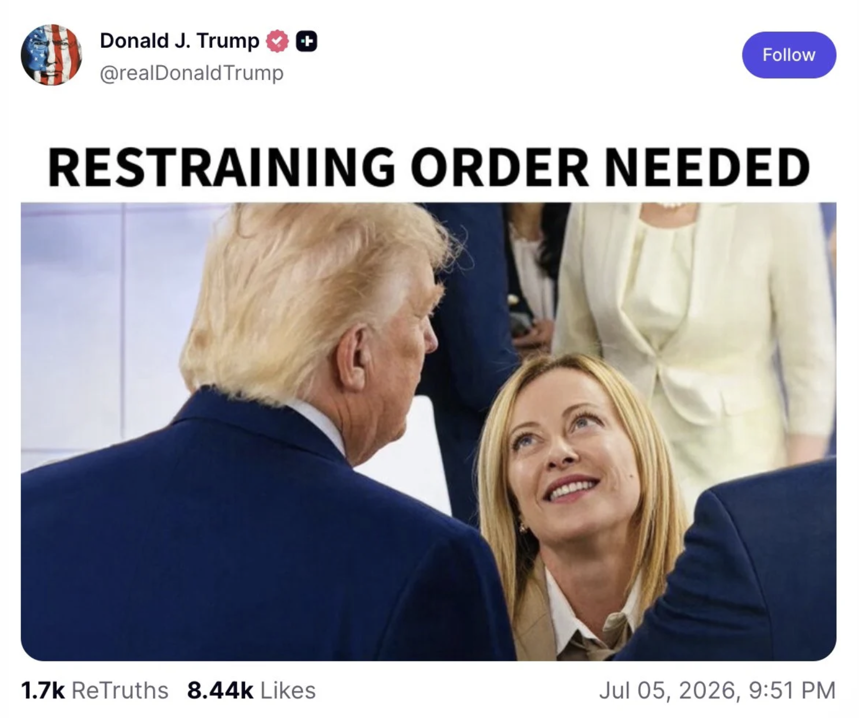 Meloni gazing adoringly up at Trump while four world leaders stand just outside the crop lines