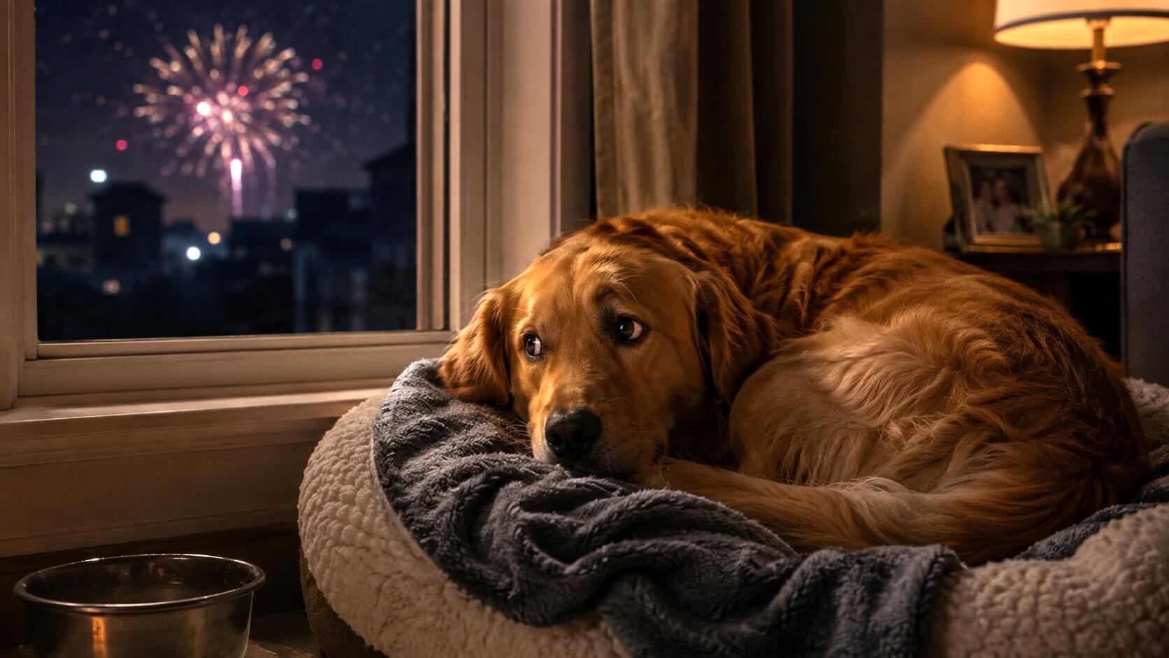 Golden retriever curled up indoors during 4th of July fireworks, looking worried from a cozy dog bed beside a window.