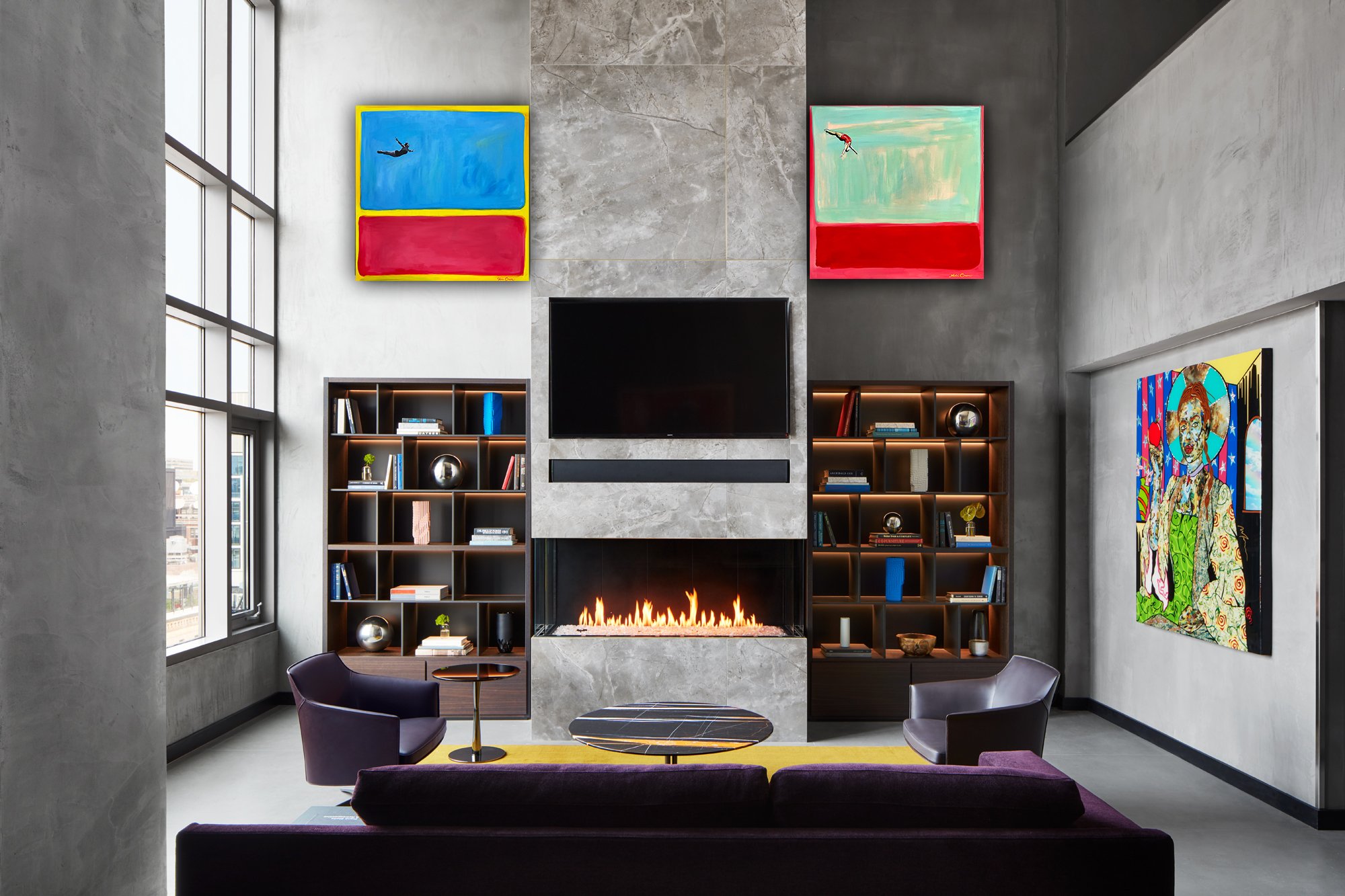 Double-height penthouse living room with contemporary art at Gansevoort Meatpacking