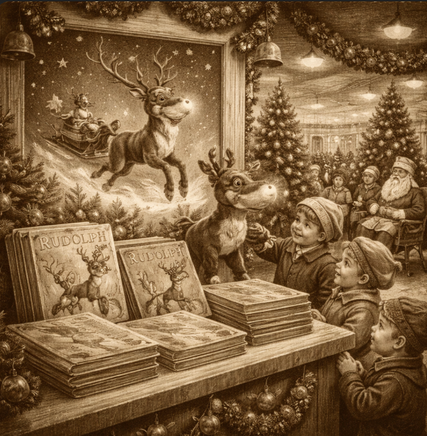 Mid-20th-century department store holiday illustration with reindeer motifs