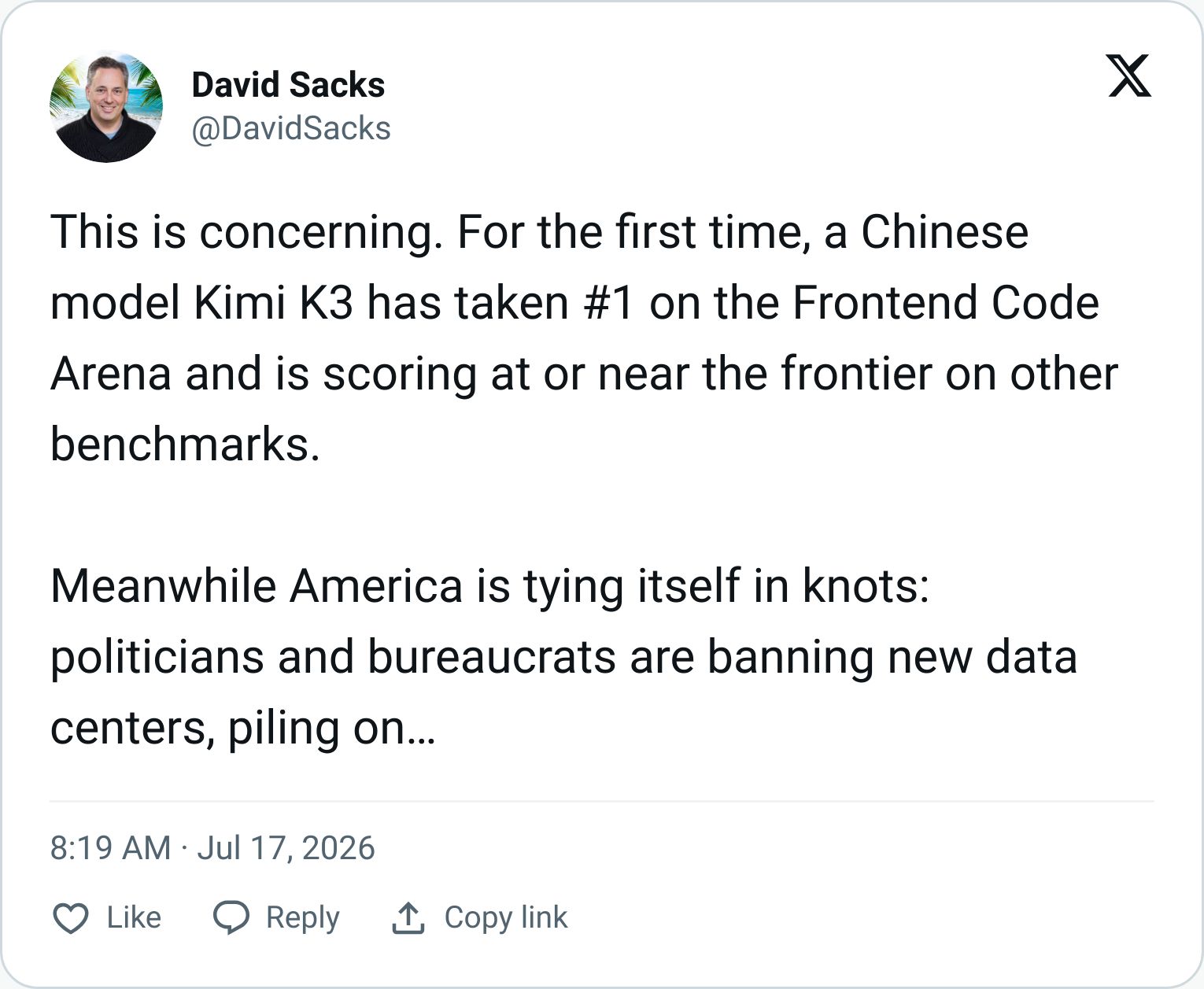 David Sacks tweet about Chinese open source AI
