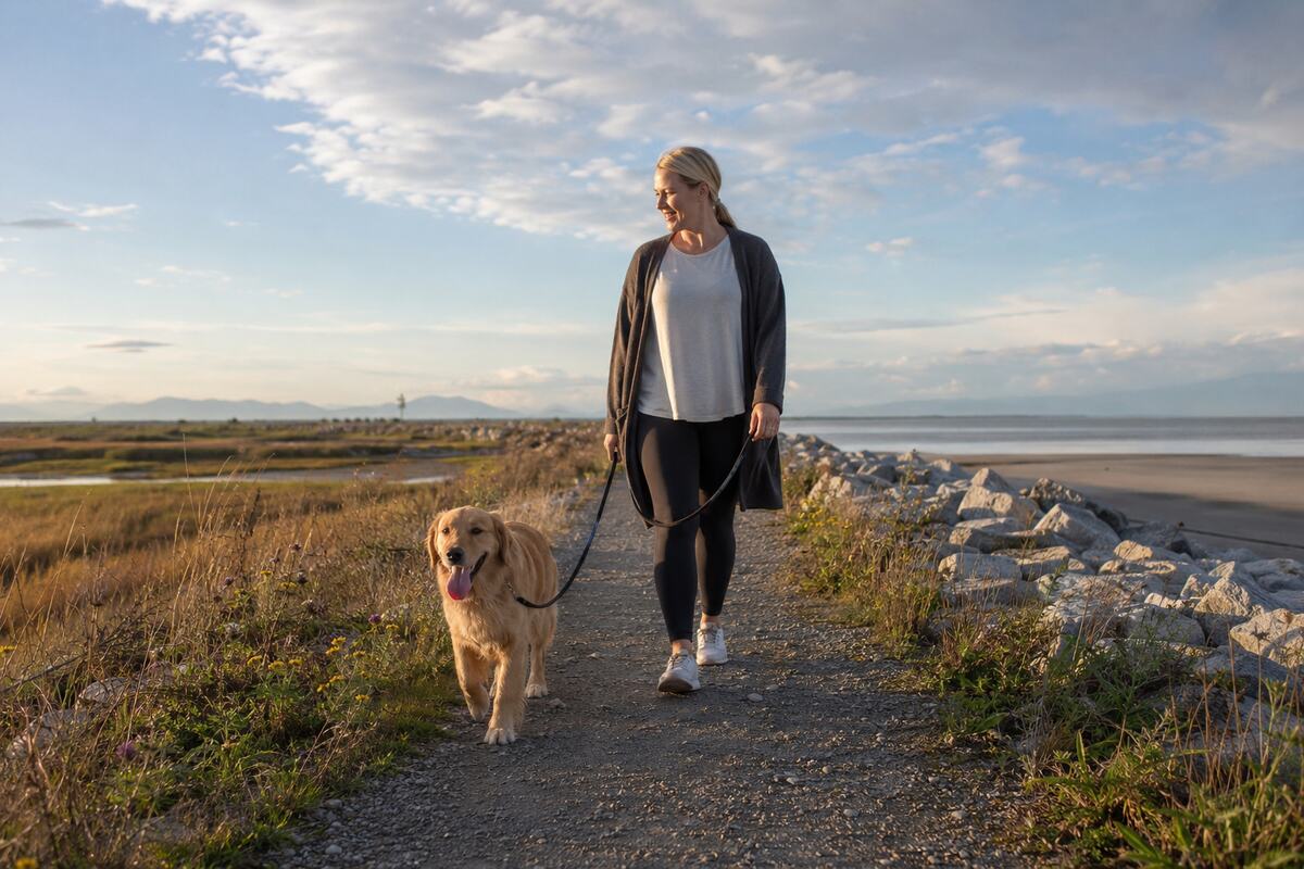 A dog and owner walking beside the sandy coast at Iona Beach Regional Park