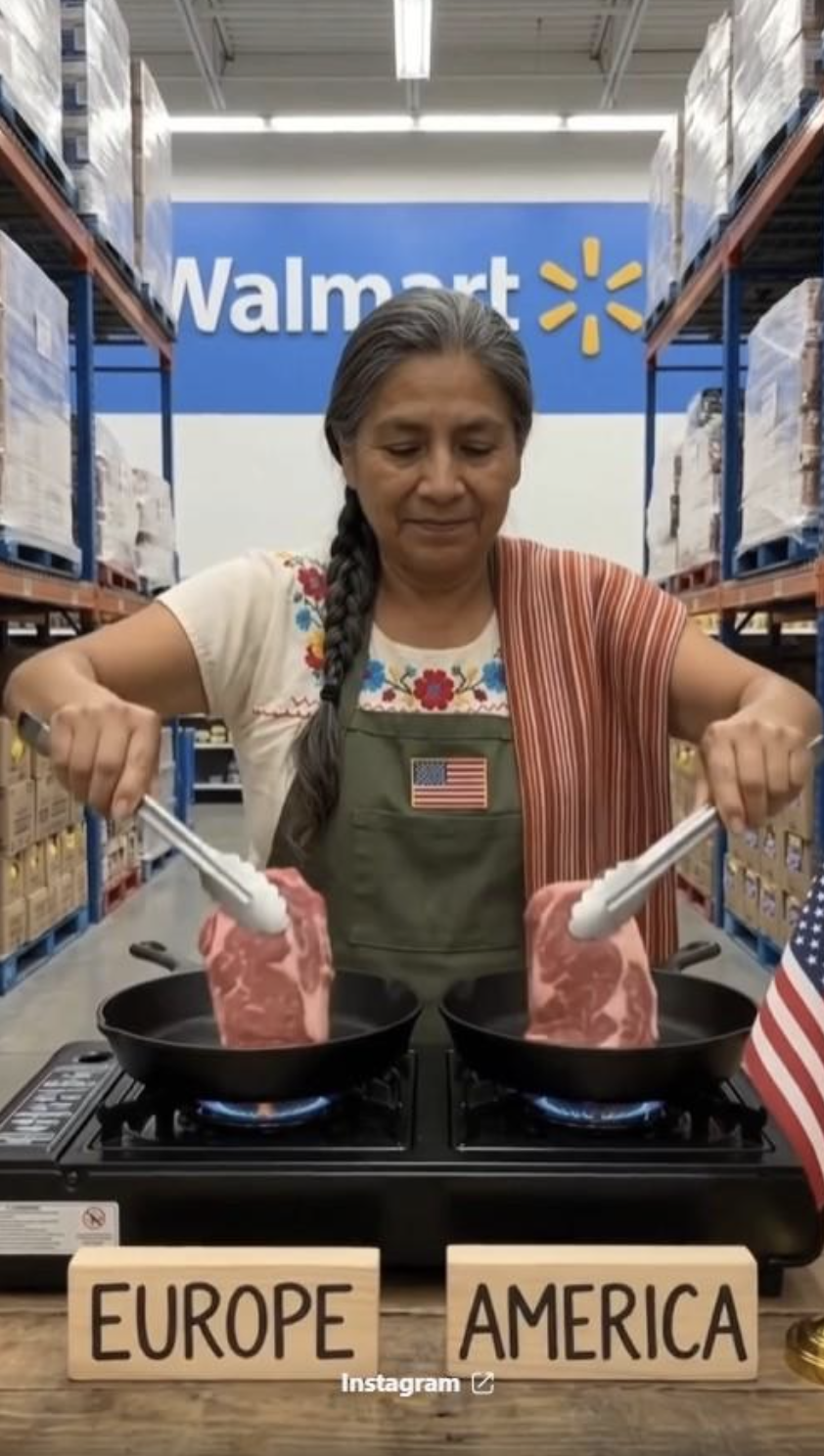 A woman at a kitchen counter pouring orange juice through cheesecloth beside two steaks, a video starring an AI-generated character