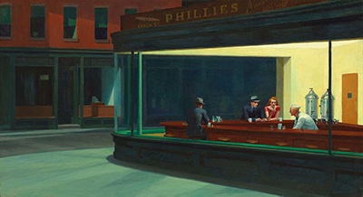 Painting of a brightly lit corner diner at night seen from the street, with three customers and a server inside, and dark empty buildings around it