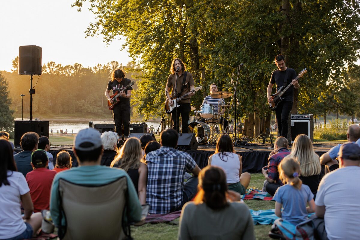 Four-piece indie rock band playing an outdoor summer concert for families in a park
