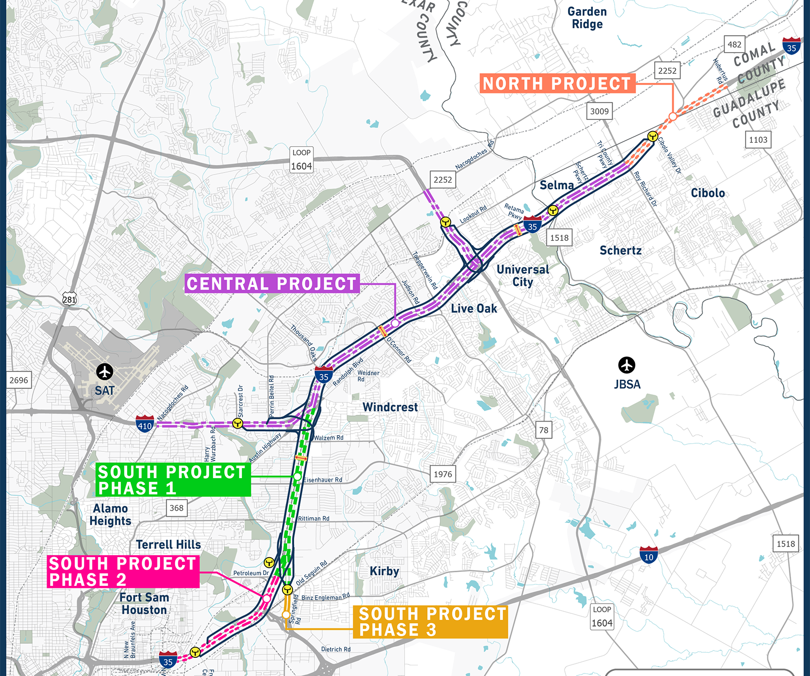 Map of I-35 NEX Central, North and South project phases