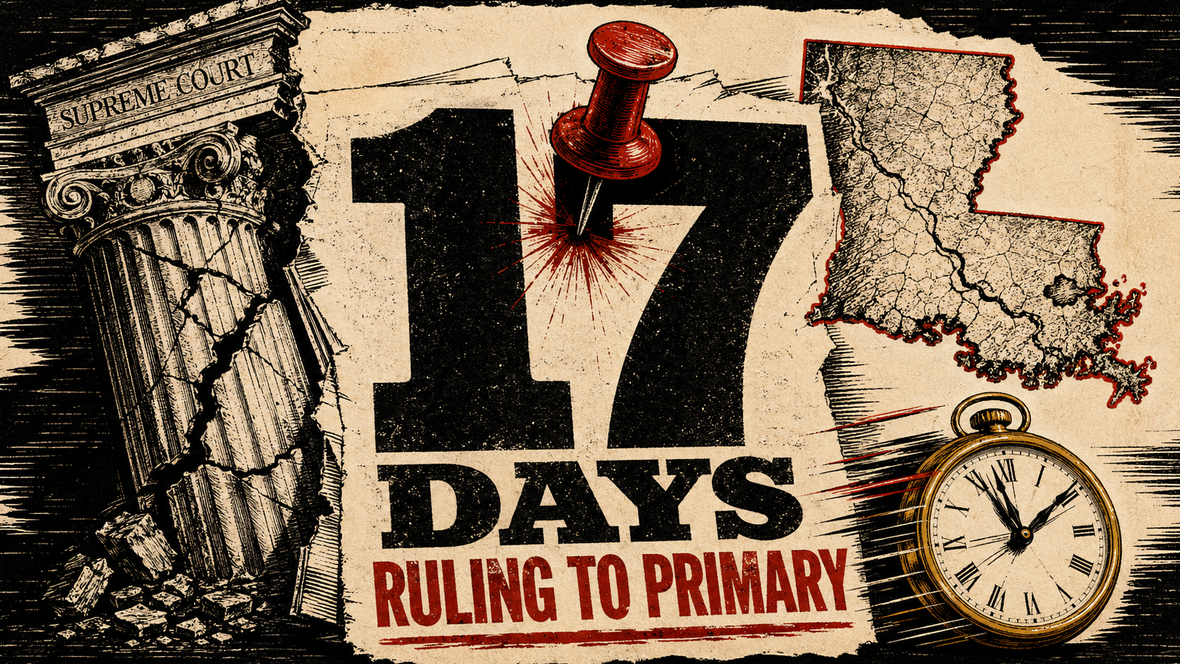 A bold newspaper stat card reads 17 days, with a red pushpin, cracked court column, Louisiana map, and racing clock.